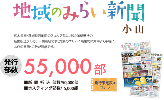 地域のみらい新聞小山。栃木県南・茨城県西地区の各エリア毎に、55,000〜75,000部発行の新聞折込フルカラー情報紙です。対象のエリアに効果的に効率よく手軽にお店の宣伝・広告が可能です。発行部数75,000部■新聞折込部数/65,000部 ■ポスティング部数/10,000部