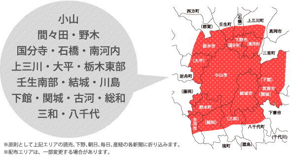 小山・間々田・野木・国分寺・石橋・南河内・上三川・大平・栃木東部・壬生南部・結城・川島・下館・関城・古河・総和・三和・八千代。※原則として上記エリアの読売、下野、朝日、毎日、産経の各新聞に折り込みます。
※配布エリアは、一部変更する場合があります。